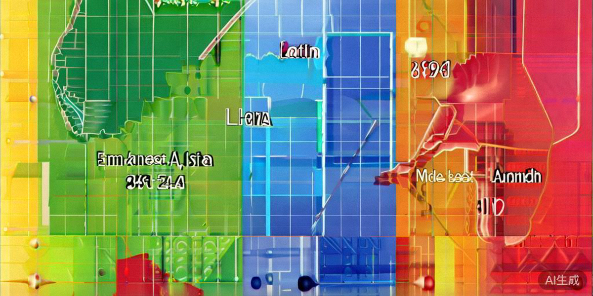 2024年全球新兴市场热点区域标注地图，突出显示东南亚、拉美、中东及非洲四大板块