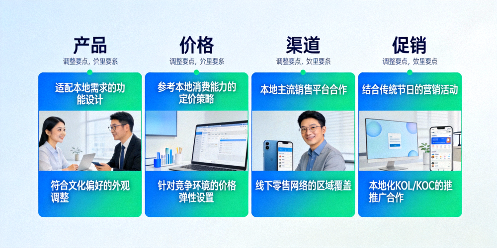 本土化营销策略矩阵图，展示产品、价格、渠道、促销四个维度的本地化调整要点