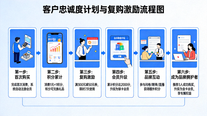 客户忠诚度计划与复购激励流程图，展示从首次购买到成为品牌拥护者的完整旅程