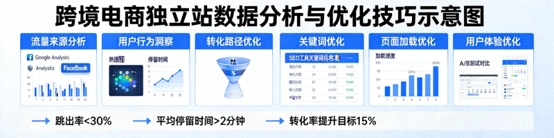 跨境电商独立站数据分析仪表盘与用户购物旅程可视化示意图