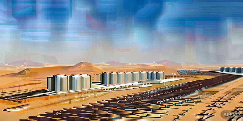 沙漠中大型太阳能光伏发电站与储能设施全景图