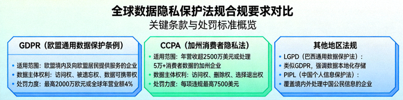 全球数据隐私保护法规GDPR、CCPA等合规要求对比图